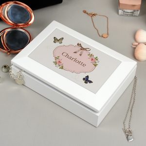 White Wooden Jewellery Box - Butterfly Design