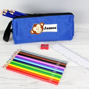 Personalised Monkey Blue Pencil Case