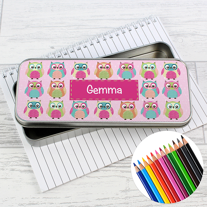 Personalised Summer Owl Pencil Tin with Pencil Crayons