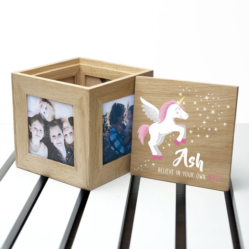 Baby Unicorn Personalised Photo Cube Keepsake Box