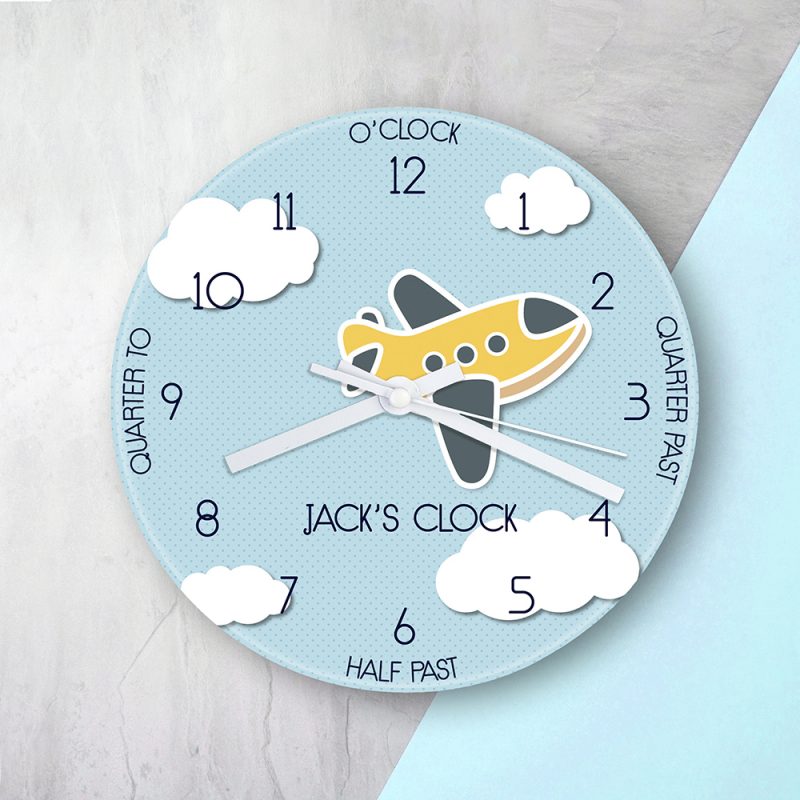 Personalised Large Kids Aeroplane Glass Clock