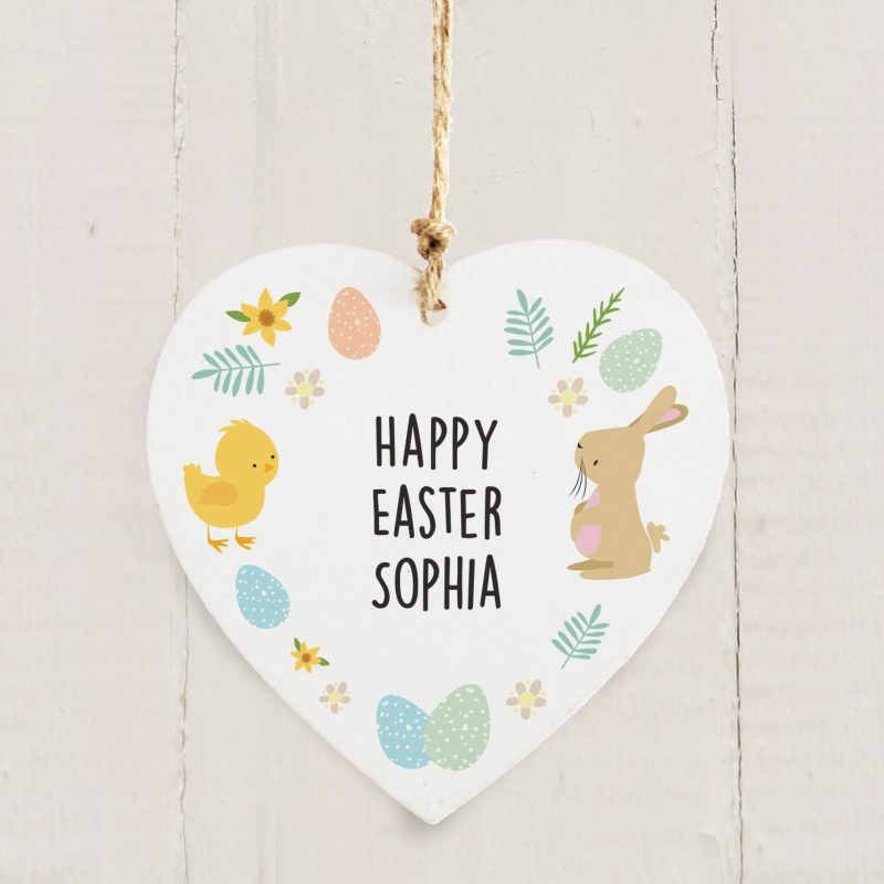 Personalised Easter Bunny & Chick Wooden Heart