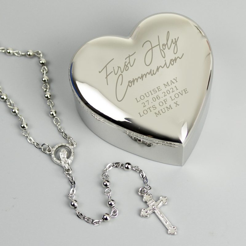 1st Holy Communion Rosary Beads & Cross Heart Trinket Box