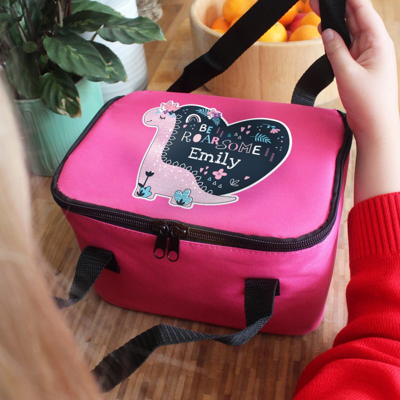Personalised Dinosaur Pink Lunch Bag